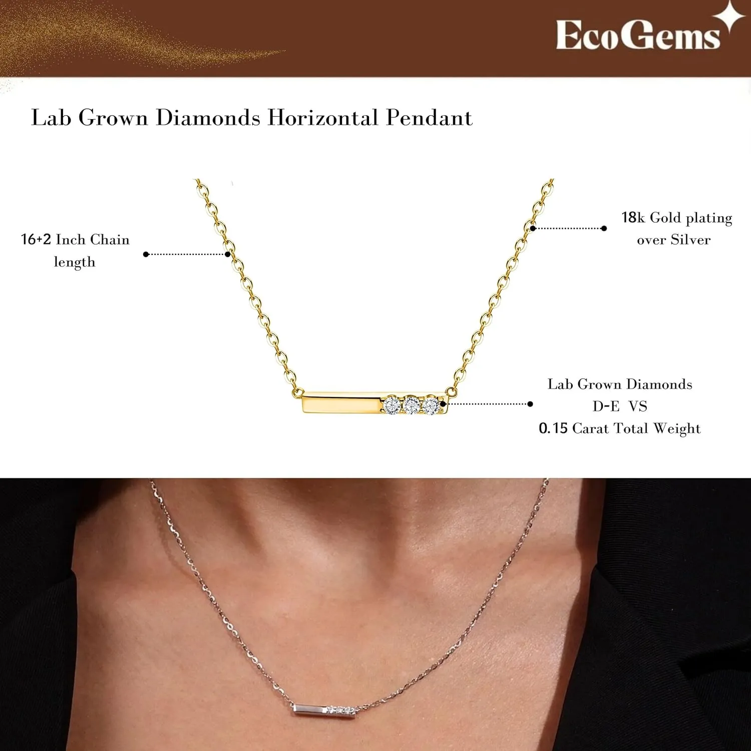18K/14K White/Yellow Gold Plated Silver Necklace With Lab Grown Diamond (D-E Color, Round Brilliant Shape, VS Clarity) in 16/18" Length, Gold Jewelry, Necklaces For Women, Gift For Her