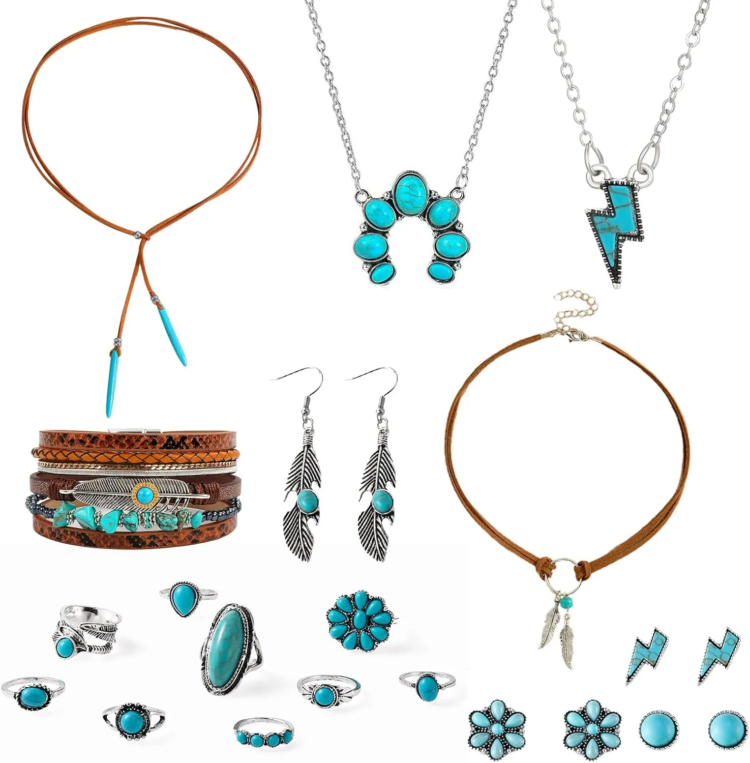 18PCS Turquoise Jewelry for Women,Bohemian Western Jewelry Set with Turquoise Rings and Necklace Vintage Turquoise Drop Earrings Bracelet,Boho Western Jewelry Anniversary Birthday Friendship Gift