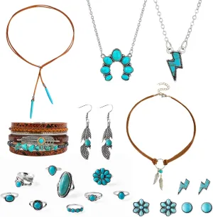 18PCS Turquoise Jewelry for Women,Bohemian Western Jewelry Set with Turquoise Rings and Necklace Vintage Turquoise Drop Earrings Bracelet,Boho Western Jewelry Anniversary Birthday Friendship Gift