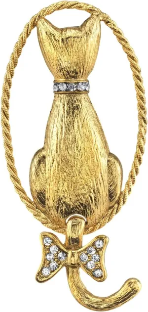 1928 Jewelry Crystal Backwards Cat Pin, Gold, Great For Dresses, Scarves, Hats, Lapels, Blazers And Coats
