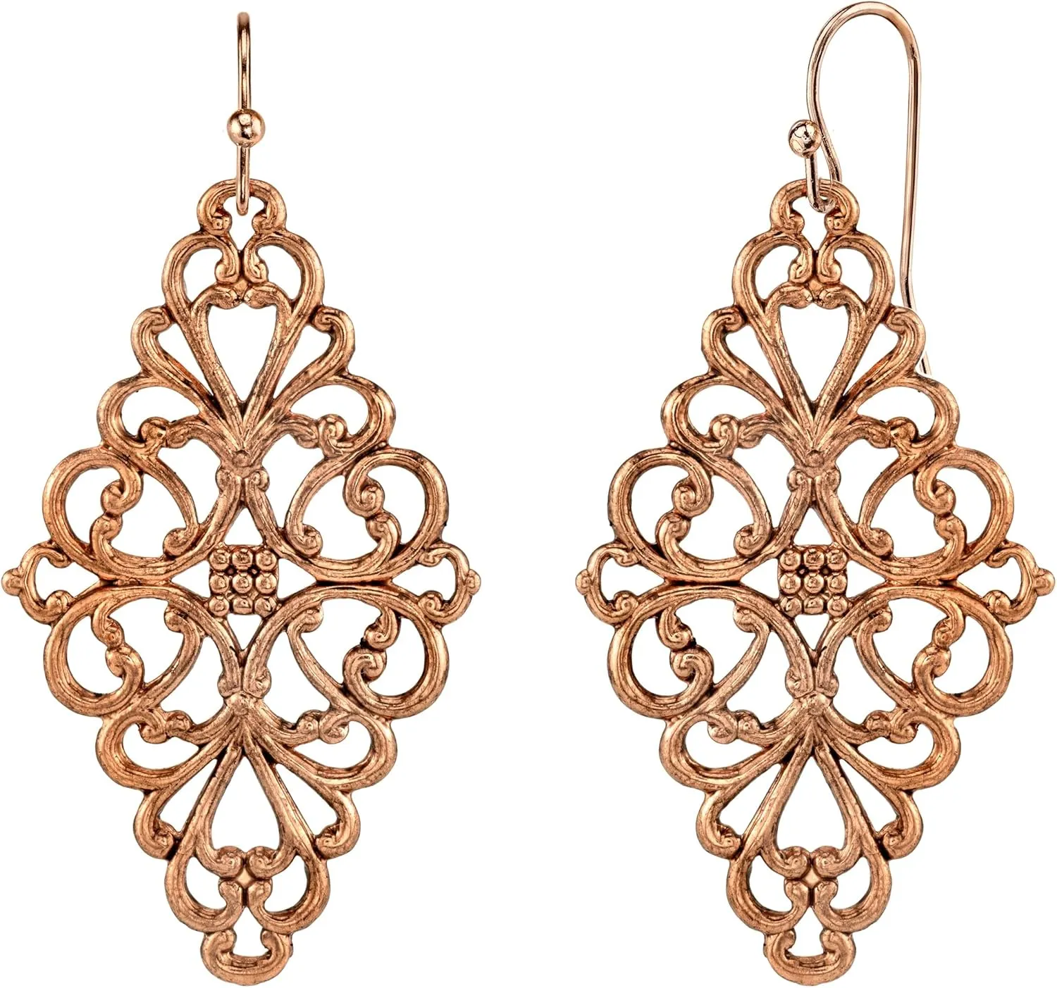 1928 Jewelry Diamond Symmetrical Filigree Drop Clip On Earrings, Vintage Baroque Style Motifs, Non Piercing Ear Rings, Pierceless Snap On Made In USA
