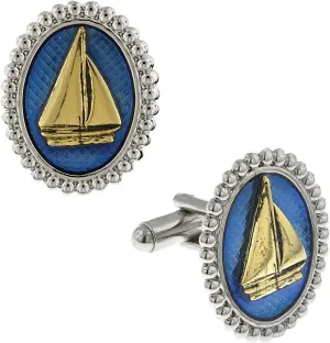 1928 Jewelry Mens Silver Tone Montana Blue Enamel Gold Sailboat Cufflinks