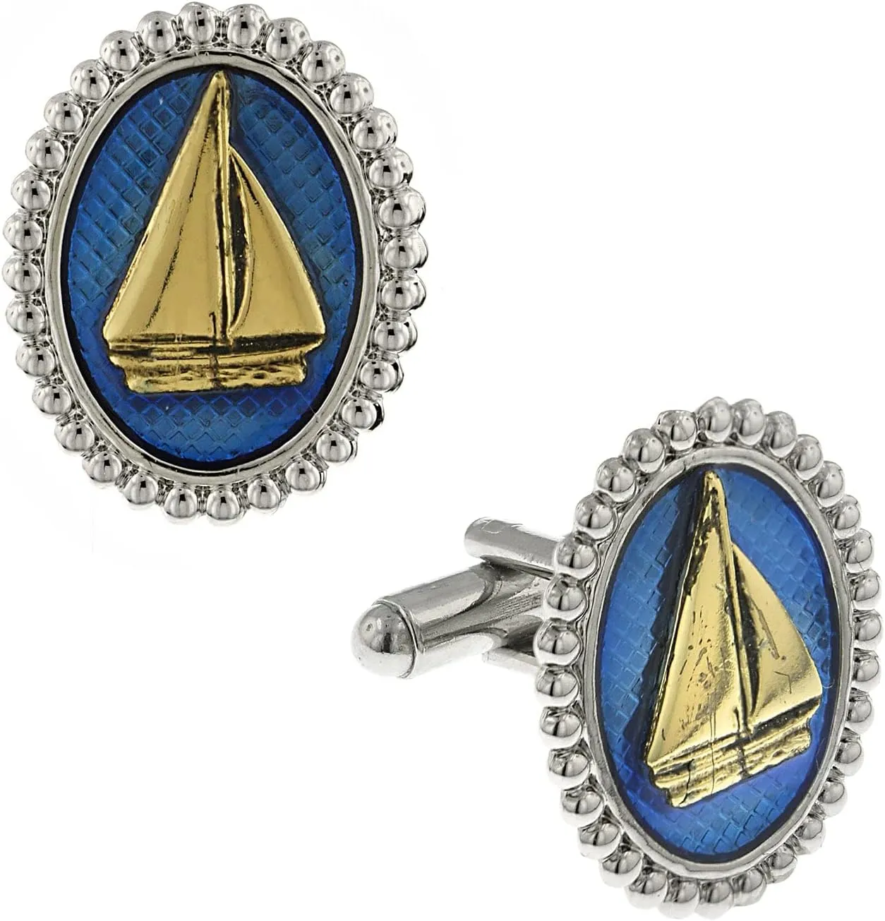 1928 Jewelry Mens Silver Tone Montana Blue Enamel Gold Sailboat Cufflinks