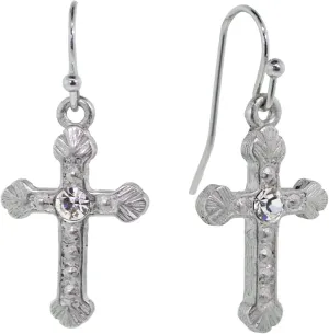 1928 Jewelry Women's Crystal Accent Ornate Silver Tone Cross Drop Earrings