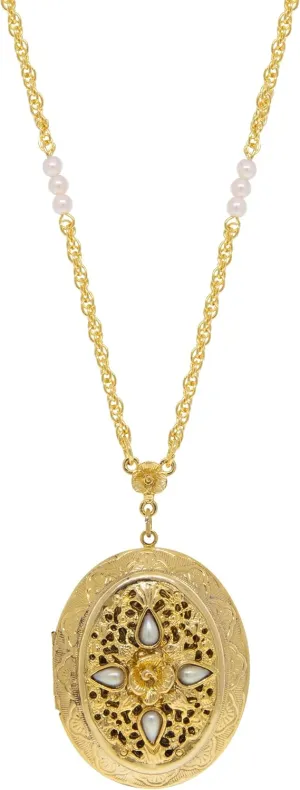 1928 Jewelry Women's Oval Flower & Faux Pearl Picture Locket Necklace for Women 30", Ladies Vintage Style Photo Keepsake, Made in USA