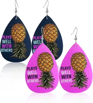 2 Pairs Pineapple Leather Earrings Teardrop Drop Dangle Earrings Plays Well with Others Earrings for Women Gift Set