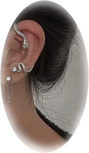 2 Pairs Snake Ear Cuff Earings For Women Men Stud Earrings Non-piercing Silver Piercing Snake Climber Earring Ear Cartilage Clip on Earrings Jewelry(1 Pcs Rhinestone Snake)