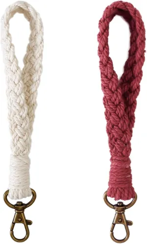 2 Pcs Boho Macrame Keychain Bracelet Handmade Wristlet Keychain Keyring Holder Wrist Lanyard for Women