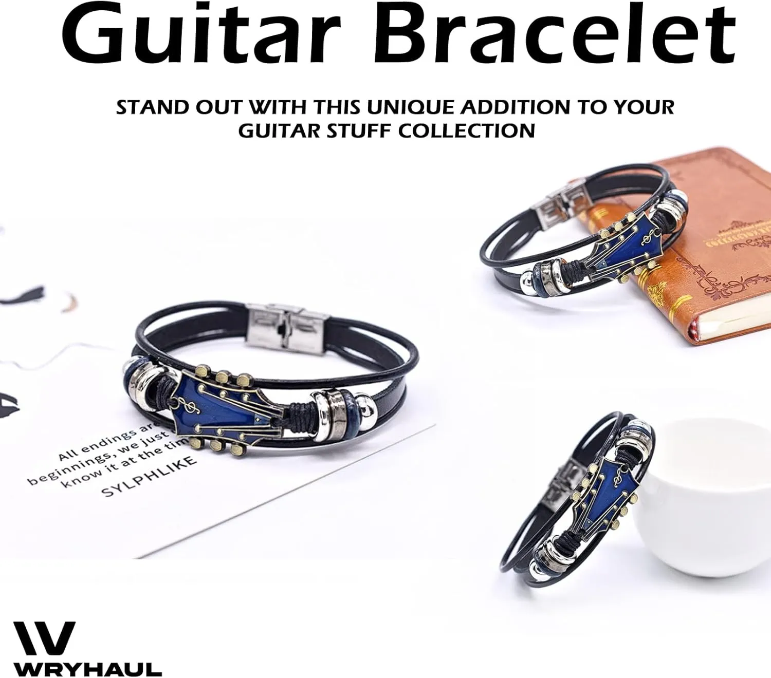 2 Set Retro Faux Leather Guitar Bracelet, Zinc Alloy Rock Music Guitar Genuine Leather Bracelet, Punk Guitar Bracelet for Men, Guitar Handmade Braided Multi-Layer Wrap Bracelet