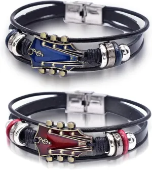 2 Set Retro Faux Leather Guitar Bracelet, Zinc Alloy Rock Music Guitar Genuine Leather Bracelet, Punk Guitar Bracelet for Men, Guitar Handmade Braided Multi-Layer Wrap Bracelet