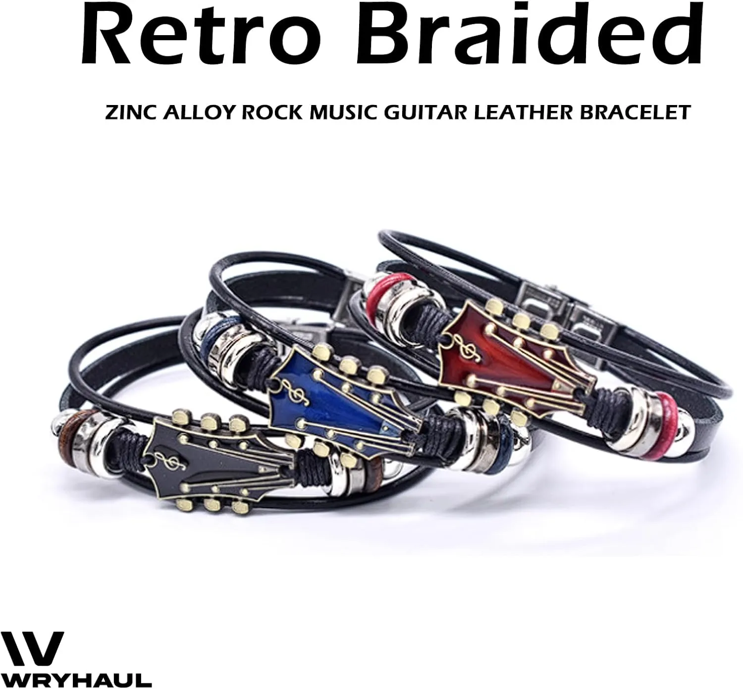 2 Set Retro Faux Leather Guitar Bracelet, Zinc Alloy Rock Music Guitar Genuine Leather Bracelet, Punk Guitar Bracelet for Men, Guitar Handmade Braided Multi-Layer Wrap Bracelet