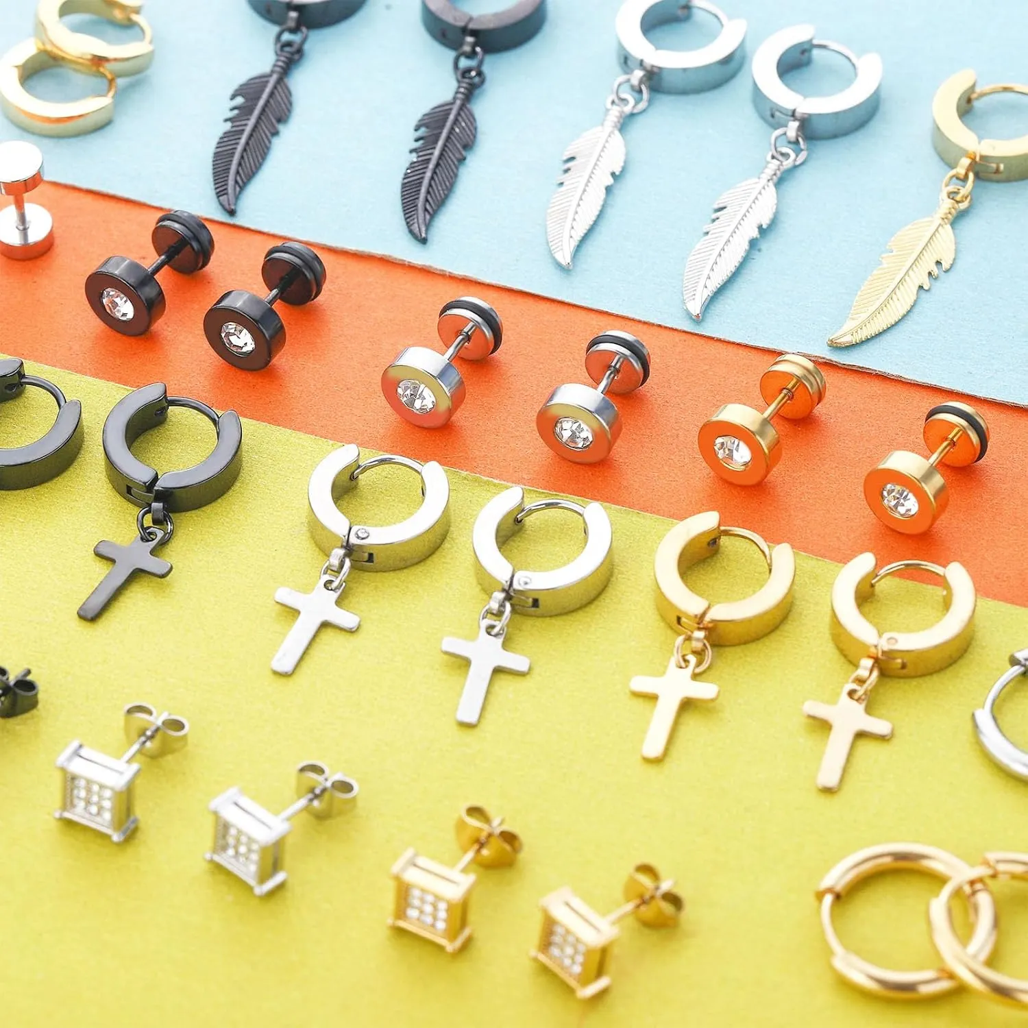 20 Pairs Stainless Steel Stud Earrings for Men Hypoallergenic Earring Unisex Punk Earring Hoop Hinged Dangle Cross Earrings for Men Women