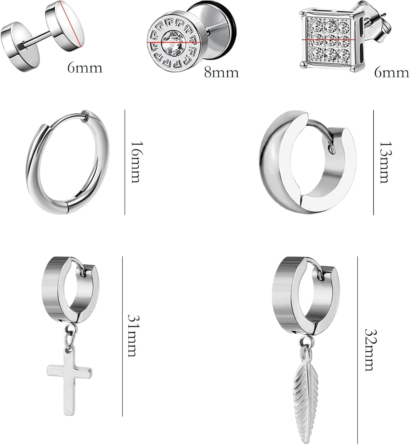 20 Pairs Stainless Steel Stud Earrings for Men Hypoallergenic Earring Unisex Punk Earring Hoop Hinged Dangle Cross Earrings for Men Women