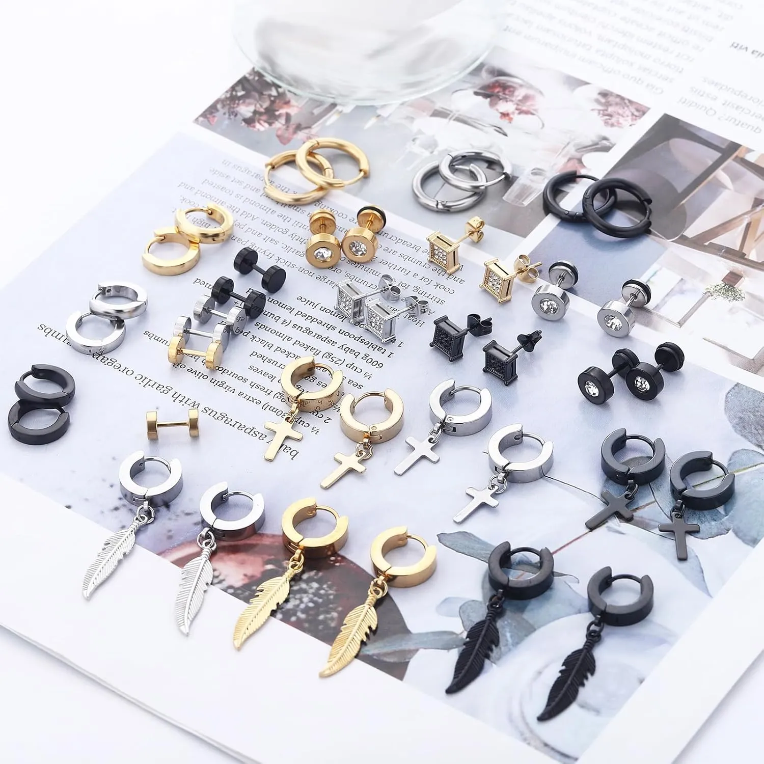 20 Pairs Stainless Steel Stud Earrings for Men Hypoallergenic Earring Unisex Punk Earring Hoop Hinged Dangle Cross Earrings for Men Women