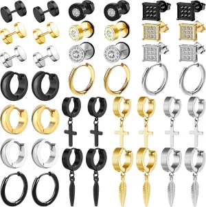 20 Pairs Stainless Steel Stud Earrings for Men Hypoallergenic Earring Unisex Punk Earring Hoop Hinged Dangle Cross Earrings for Men Women