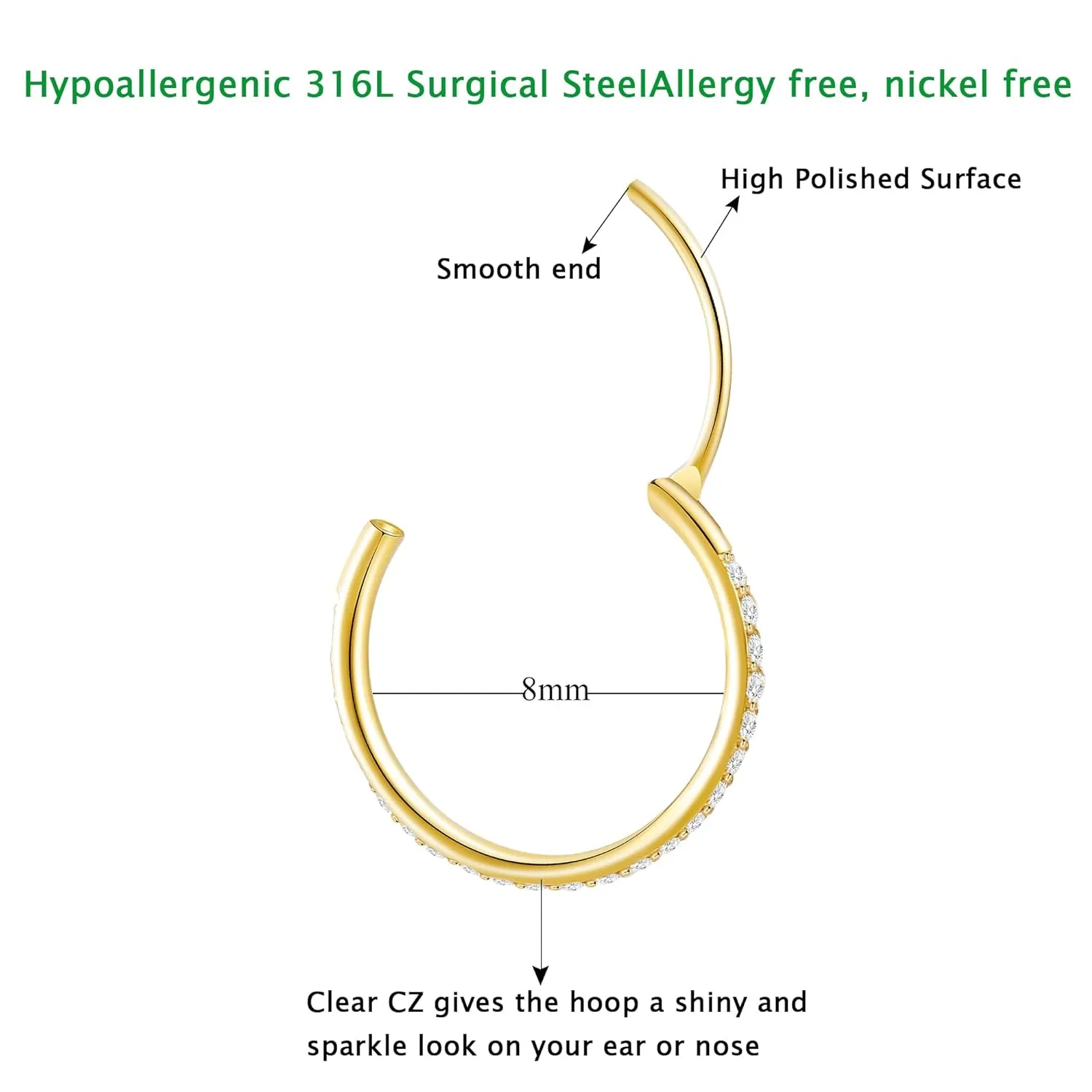 20G Nose Ring Hoop 316L Surgical Steel Nose Hoop 14k Gold CZ Nose Rings Handmade Stainless Steel Cartilage Earrings Tragus Helix Hoop Nose Rings Piercing Jewelry for Women Men Gold 8mm