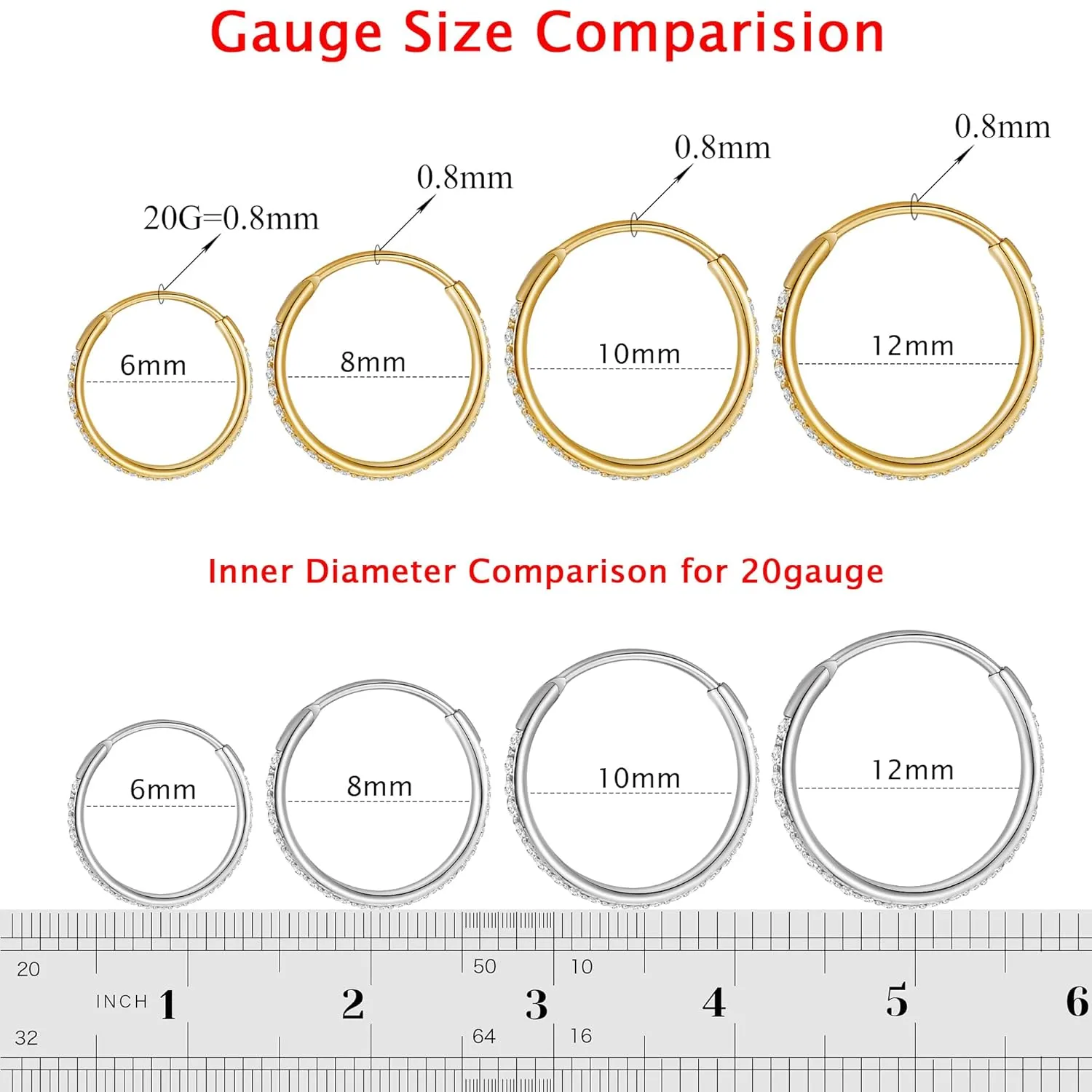 20G Nose Ring Hoop 316L Surgical Steel Nose Hoop 14k Gold CZ Nose Rings Handmade Stainless Steel Cartilage Earrings Tragus Helix Hoop Nose Rings Piercing Jewelry for Women Men Silver 6mm