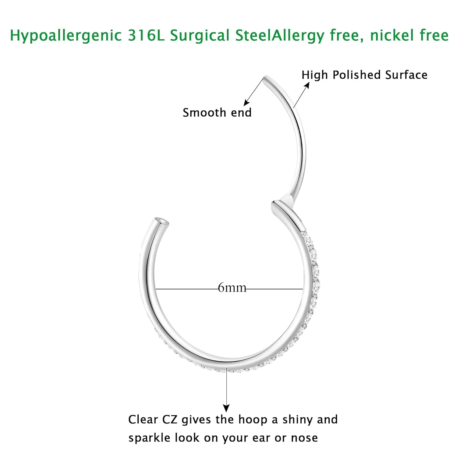 20G Nose Ring Hoop 316L Surgical Steel Nose Hoop 14k Gold CZ Nose Rings Handmade Stainless Steel Cartilage Earrings Tragus Helix Hoop Nose Rings Piercing Jewelry for Women Men Silver 6mm
