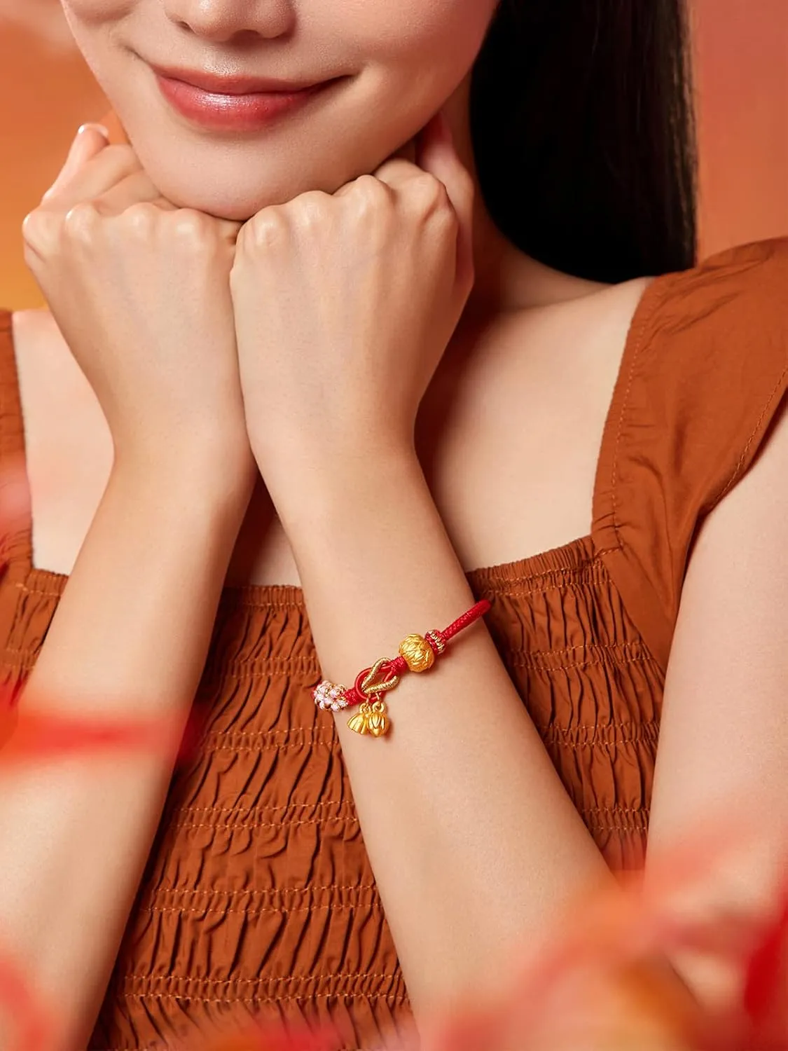 24K Solid Gold Bracelet Flower Ball Real Gold Charm Bracelet Adjustable Jewelry Braided Bracelet for Women Girlfriend