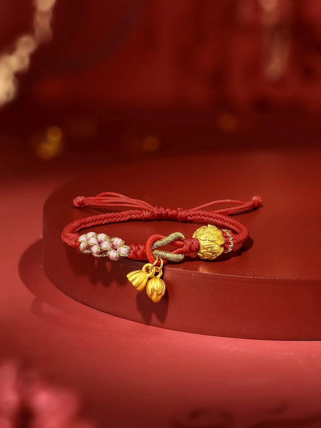 24K Solid Gold Bracelet Flower Ball Real Gold Charm Bracelet Adjustable Jewelry Braided Bracelet for Women Girlfriend