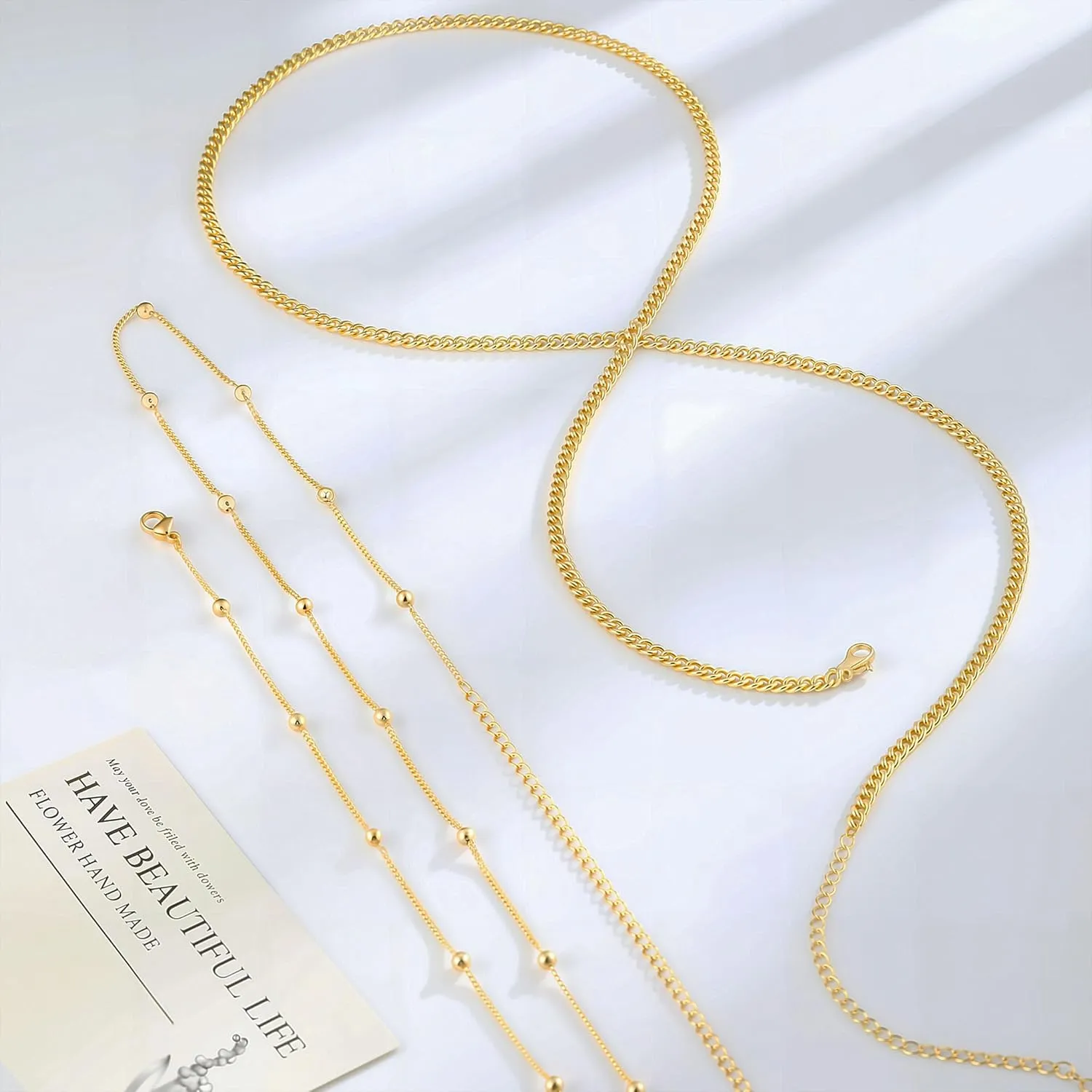2PCS 14K Gold Plated Waist Chain Layered Pearl Cuban Beaded Satellite Figaro Belly Body Chain Boho Beach Waist Chains For Women Adjustable Waterproof Sexy Bikini Body Chain Jewelry For Women