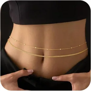 2PCS 14K Gold Plated Waist Chain Layered Pearl Cuban Beaded Satellite Figaro Belly Body Chain Boho Beach Waist Chains For Women Adjustable Waterproof Sexy Bikini Body Chain Jewelry For Women