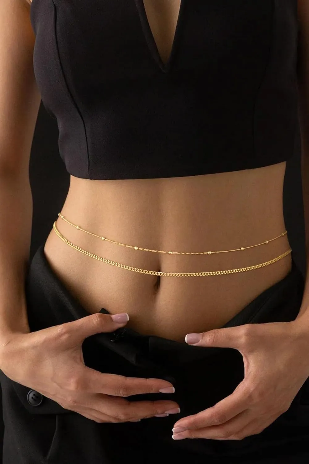 2PCS 14K Gold Plated Waist Chain Layered Pearl Cuban Beaded Satellite Figaro Belly Body Chain Boho Beach Waist Chains For Women Adjustable Waterproof Sexy Bikini Body Chain Jewelry For Women