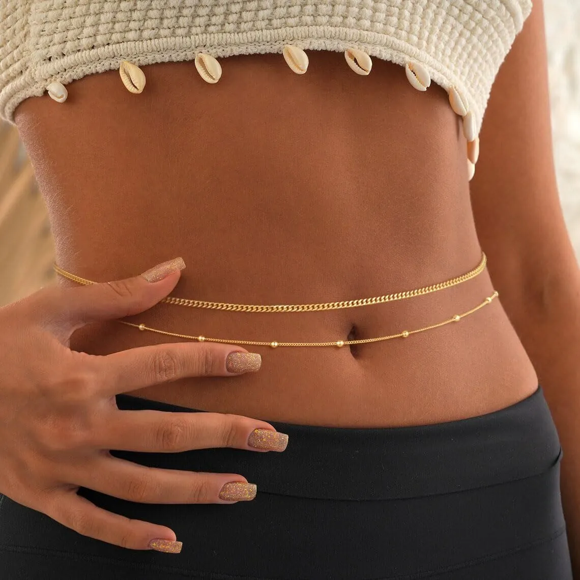 2PCS 14K Gold Plated Waist Chain Layered Pearl Cuban Beaded Satellite Figaro Belly Body Chain Boho Beach Waist Chains For Women Adjustable Waterproof Sexy Bikini Body Chain Jewelry For Women