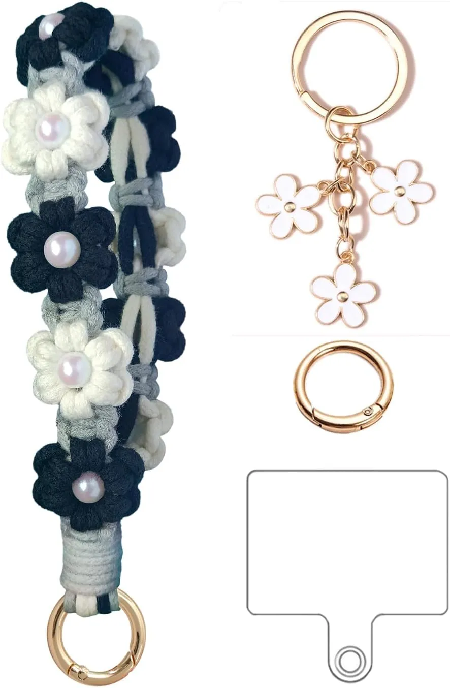 2Pcs Boho Macrame Keychain Handmade Crochet Keychains for Keys Flower Key Chain for Women Girls Bohemian Keyring