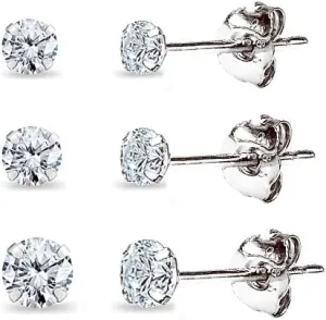 3 Pair Set 14K Gold Cubic Zirconia Tiny Round Stud Earrings for Men Women, 2mm 3mm 4mm
