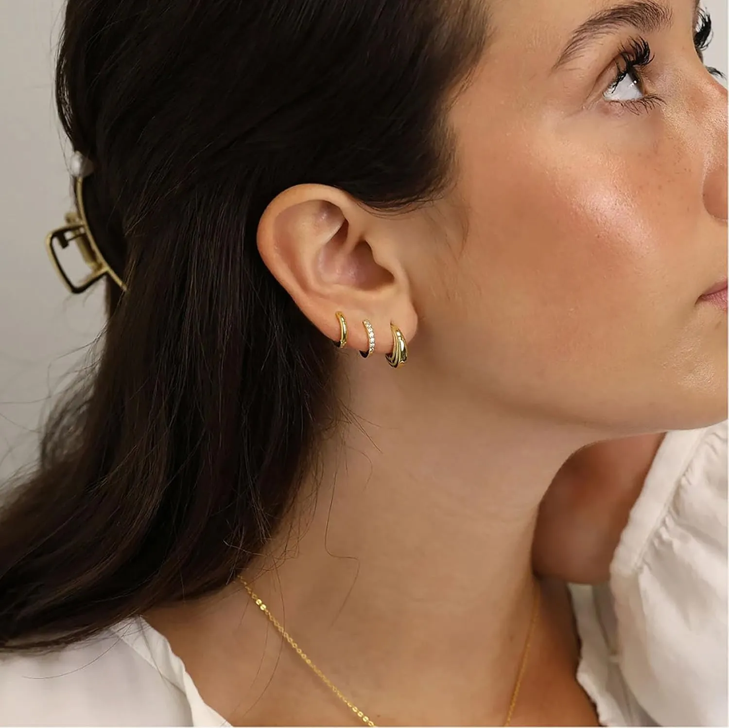 3 Pairs Small Hoop Earrings Sets for Women Chunky Gold Huggie Hoop Earrings Hypoallergenic Stackable Earrings Lightweight CZ Earrings for Women Trendy Fashion Jewelry for Women