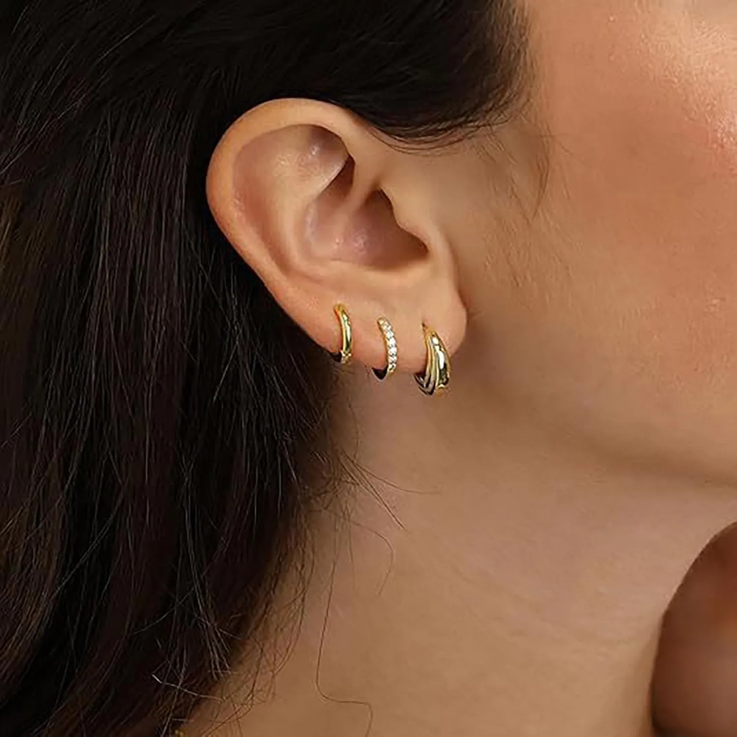 3 Pairs Small Hoop Earrings Sets for Women Chunky Gold Huggie Hoop Earrings Hypoallergenic Stackable Earrings Lightweight CZ Earrings for Women Trendy Fashion Jewelry for Women