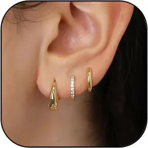 3 Pairs Small Hoop Earrings Sets for Women Chunky Gold Huggie Hoop Earrings Hypoallergenic Stackable Earrings Lightweight CZ Earrings for Women Trendy Fashion Jewelry for Women