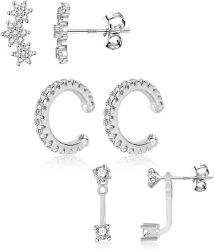 3 Pairs Sterling Silver Earrings for Women Trendy Silver Stud Hoop Earrings Stacks for Multiple Piercing Dainty Cartilage Huggie Hoop Earrings Hypoallergenic Small Cubic Zirconia Stud Hoop Earrings Set