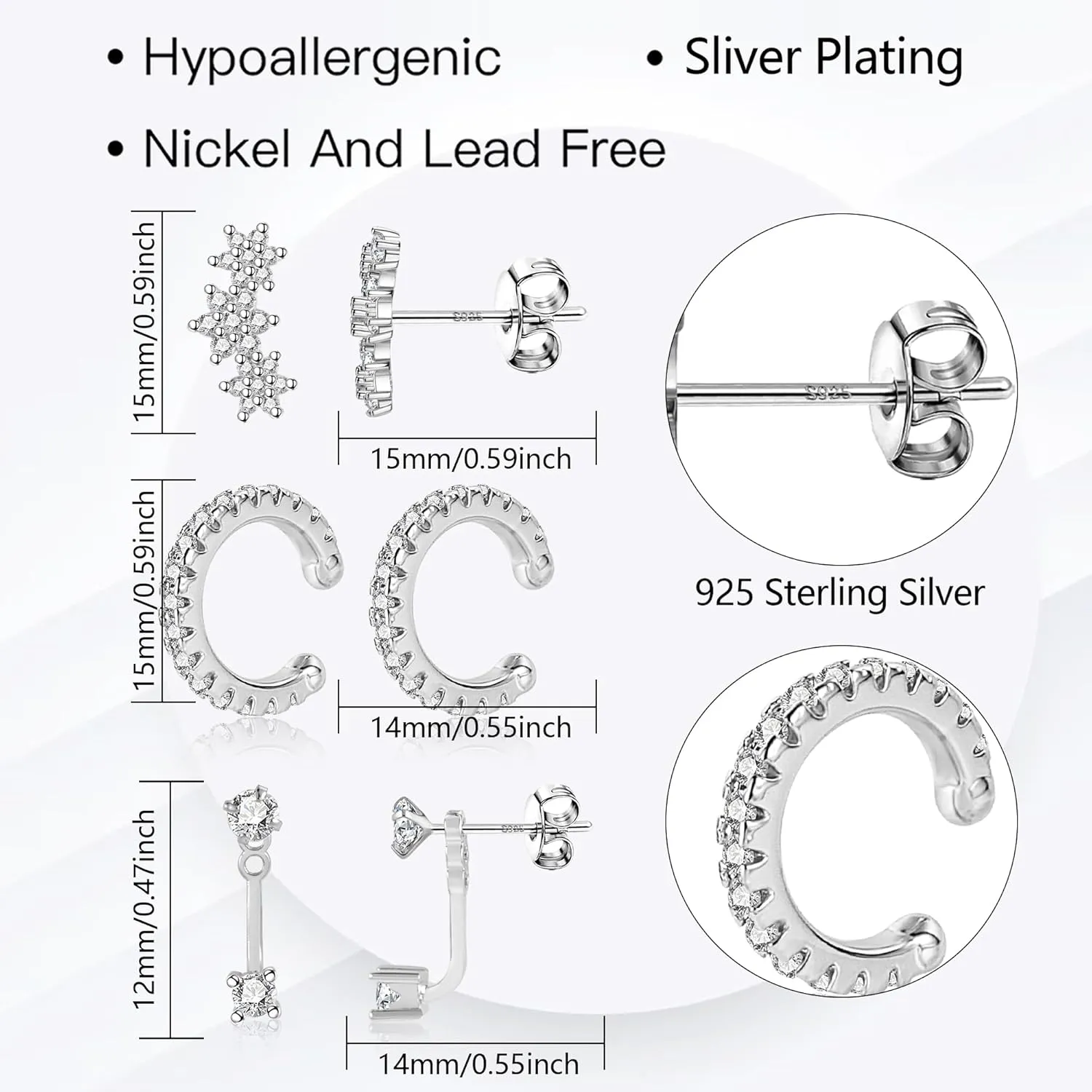 3 Pairs Sterling Silver Earrings for Women Trendy Silver Stud Hoop Earrings Stacks for Multiple Piercing Dainty Cartilage Huggie Hoop Earrings Hypoallergenic Small Cubic Zirconia Stud Hoop Earrings Set