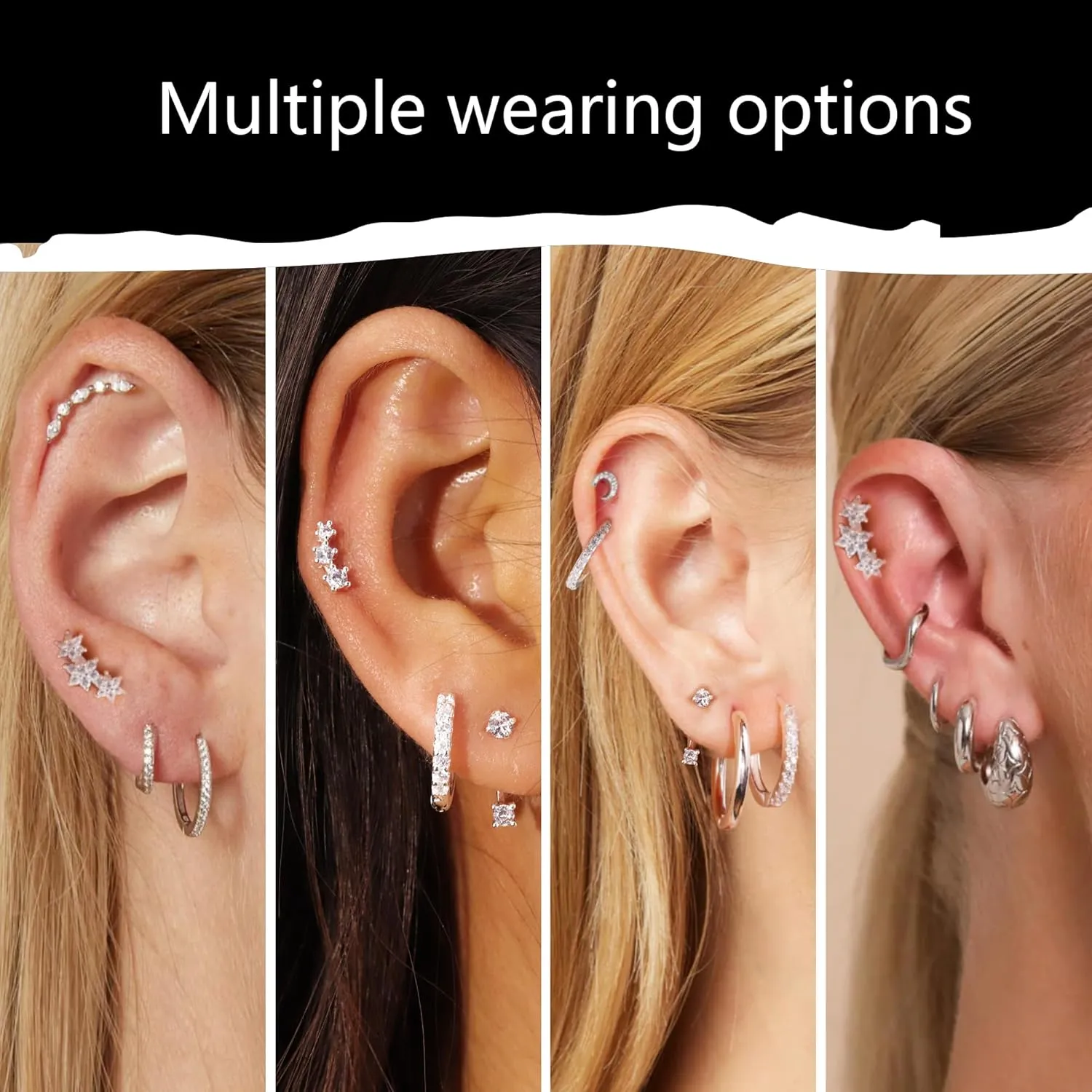 3 Pairs Sterling Silver Earrings for Women Trendy Silver Stud Hoop Earrings Stacks for Multiple Piercing Dainty Cartilage Huggie Hoop Earrings Hypoallergenic Small Cubic Zirconia Stud Hoop Earrings Set