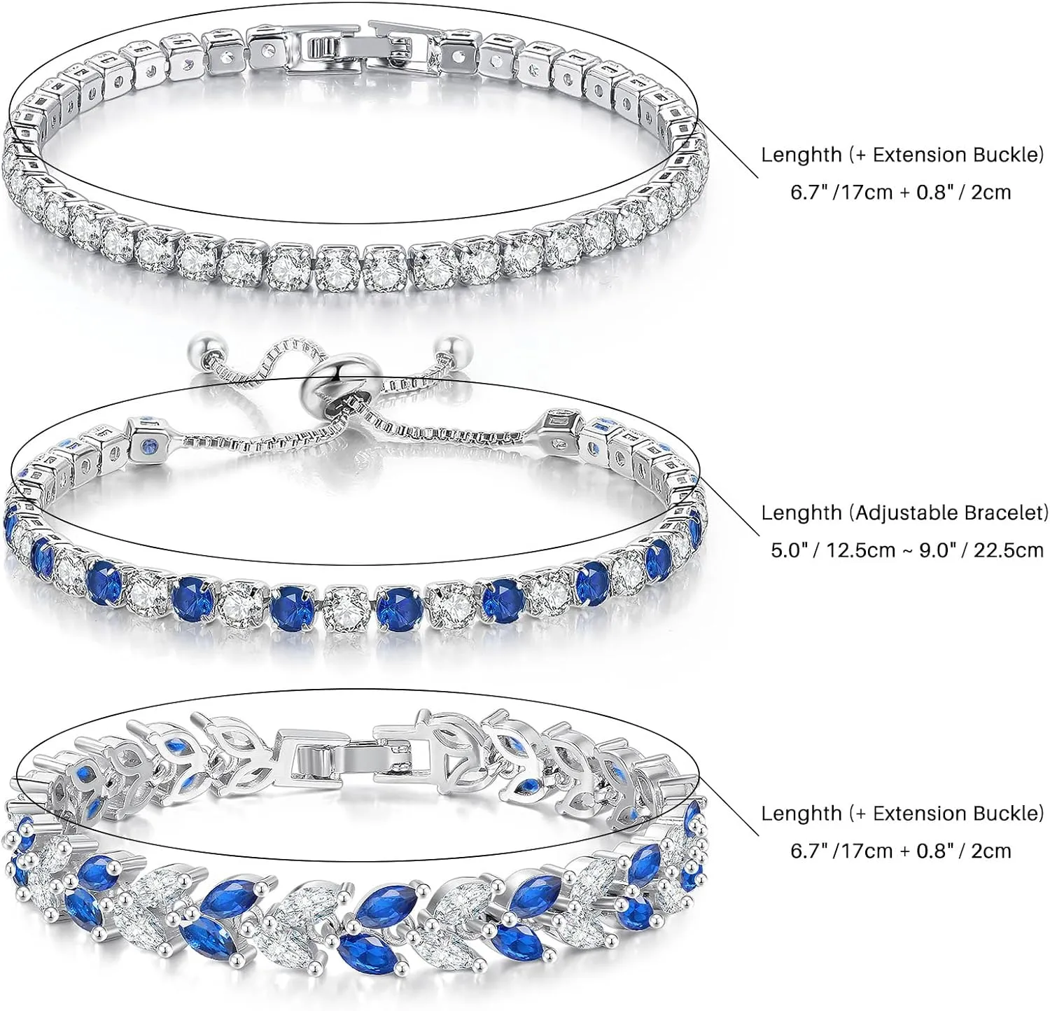 3 Pcs Tennis Bracelet Set 14K Gold Plated Marquise Cubic Zirconia CZ Diamond Dainty Adjustable Silver Bracelets for Women Brides Stackable Fashion Jewelry Wedding Prom Gift