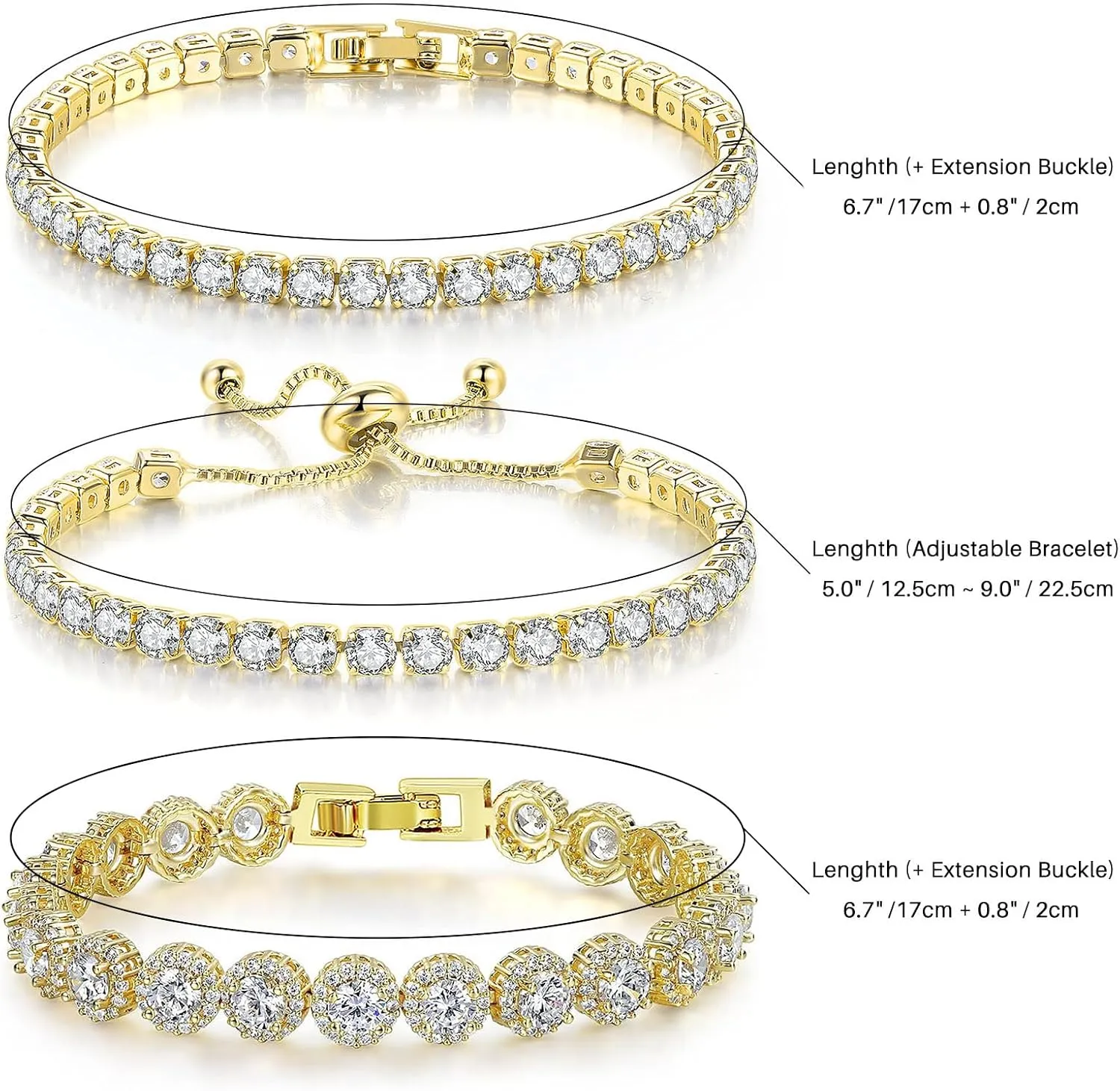 3 Pcs Tennis Bracelet Set White Gold Plated 5mm Round Cubic Zirconia CZ Diamond Dainty Adjustable Rhinestone Sterling Silver Bracelets for Women Stackable Fashion Wedding Prom Gift