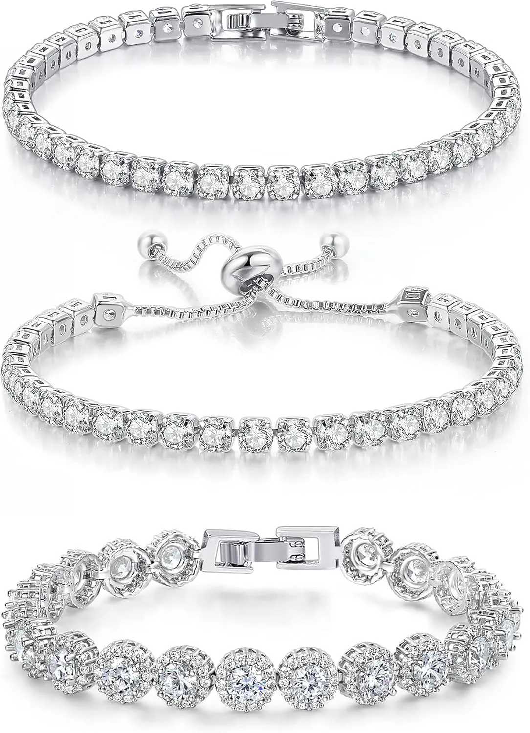 3 Pcs Tennis Bracelet Set White Gold Plated 5mm Round Cubic Zirconia CZ Diamond Dainty Adjustable Rhinestone Sterling Silver Bracelets for Women Stackable Fashion Wedding Prom Gift