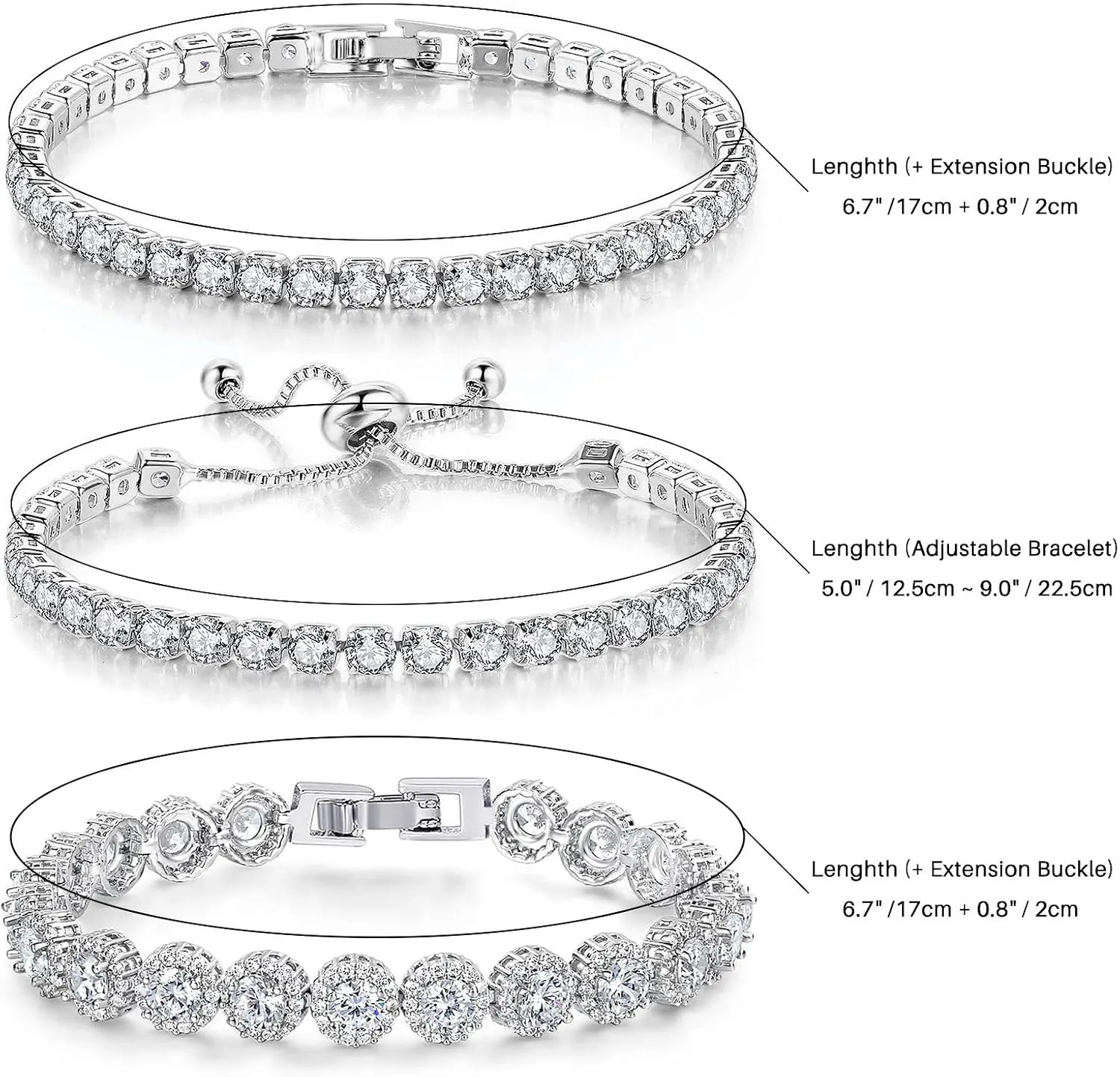 3 Pcs Tennis Bracelet Set White Gold Plated 5mm Round Cubic Zirconia CZ Diamond Dainty Adjustable Rhinestone Sterling Silver Bracelets for Women Stackable Fashion Wedding Prom Gift