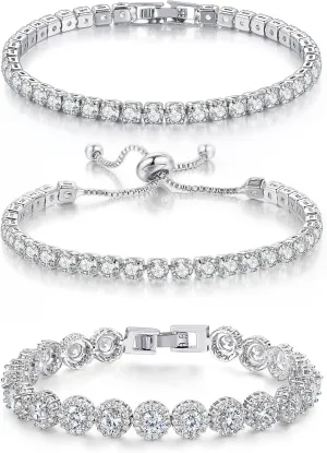 3 Pcs Tennis Bracelet Set White Gold Plated 5mm Round Cubic Zirconia CZ Diamond Dainty Adjustable Rhinestone Sterling Silver Bracelets for Women Stackable Fashion Wedding Prom Gift