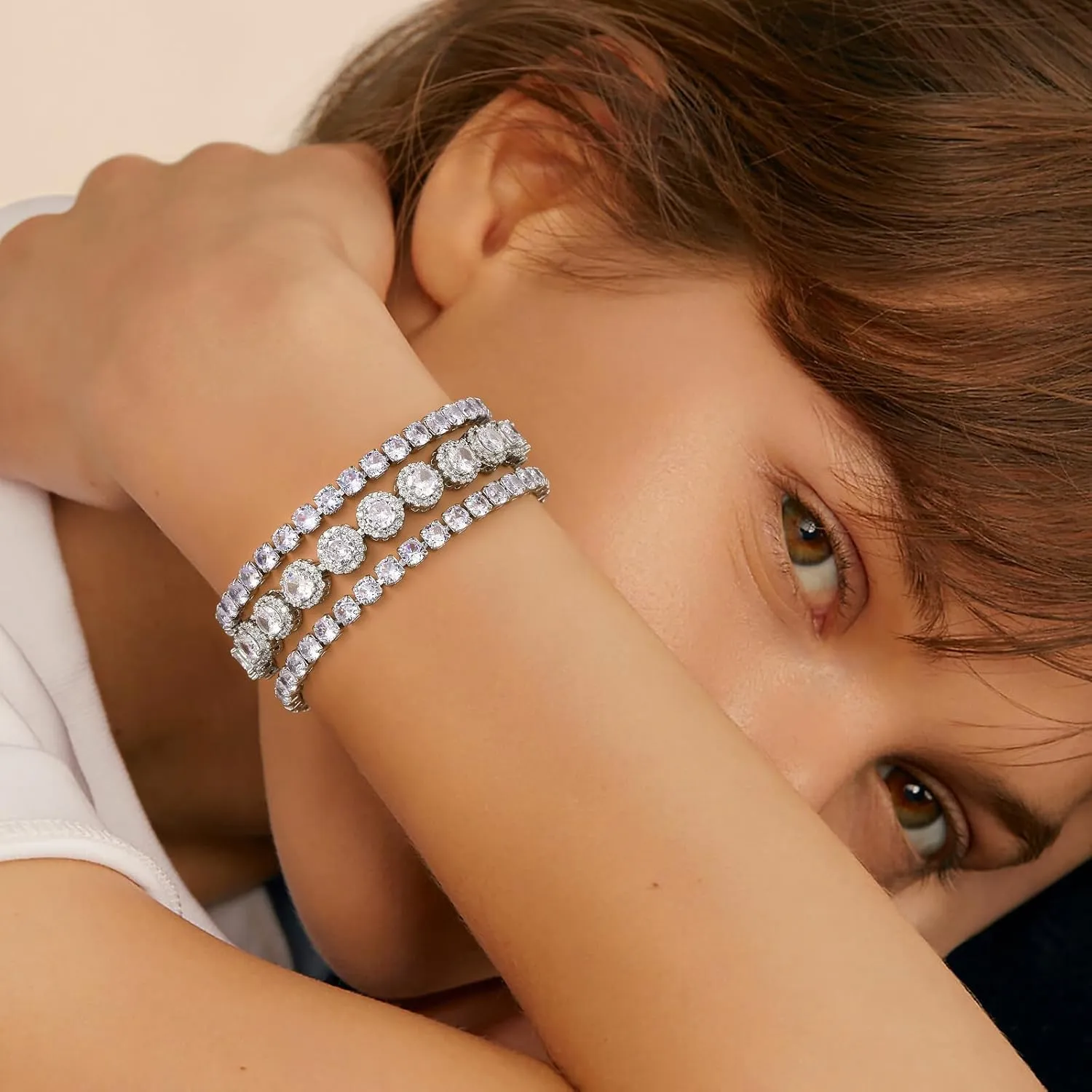 3 Pcs Tennis Bracelet Set White Gold Plated 5mm Round Cubic Zirconia CZ Diamond Dainty Adjustable Rhinestone Sterling Silver Bracelets for Women Stackable Fashion Wedding Prom Gift