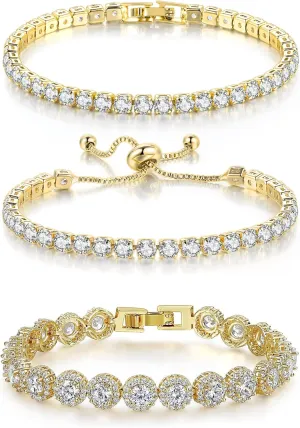 3 Pcs Tennis Bracelet Set White Gold Plated 5mm Round Cubic Zirconia CZ Diamond Dainty Adjustable Rhinestone Sterling Silver Bracelets for Women Stackable Fashion Wedding Prom Gift