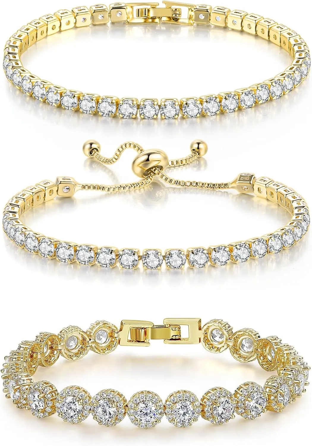 3 Pcs Tennis Bracelet Set White Gold Plated 5mm Round Cubic Zirconia CZ Diamond Dainty Adjustable Rhinestone Sterling Silver Bracelets for Women Stackable Fashion Wedding Prom Gift