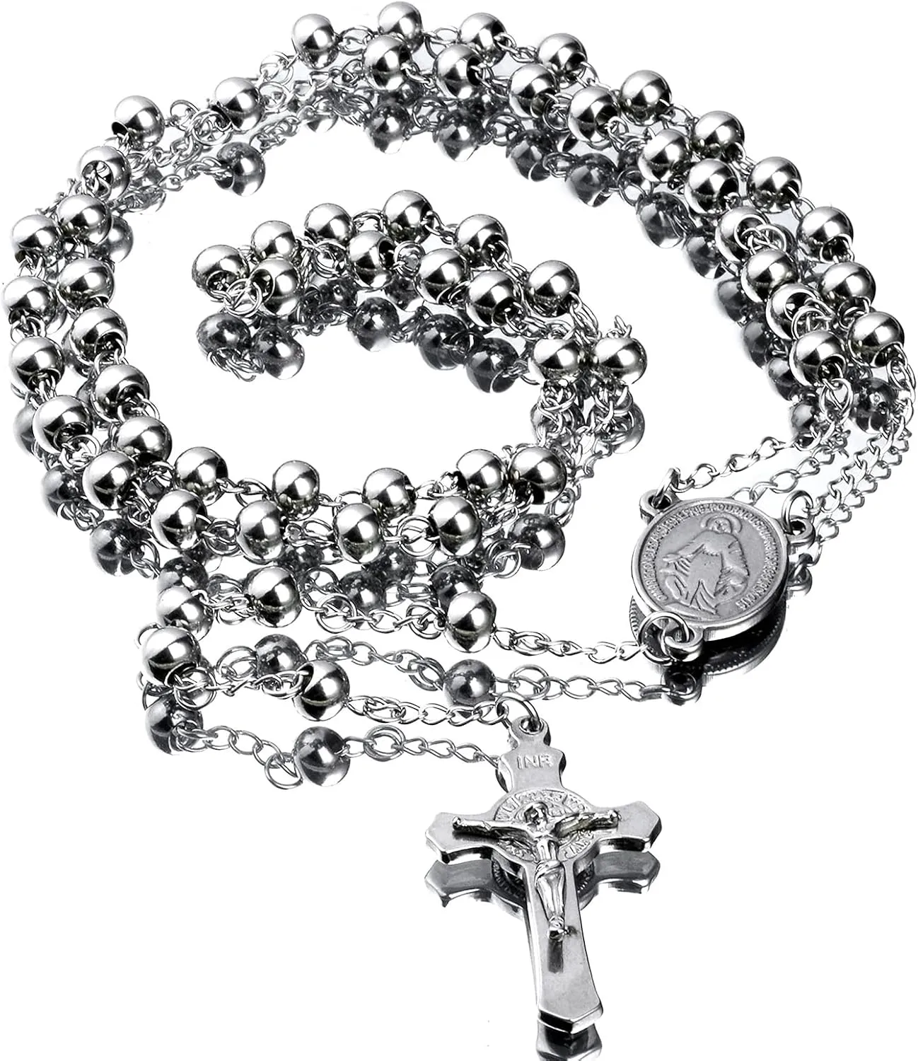 30" Stainless Steel Rosary Beads Necklace 6mm Silver Color with Jesus Christ Crucifix Cross