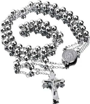 30" Stainless Steel Rosary Beads Necklace 6mm Silver Color with Jesus Christ Crucifix Cross