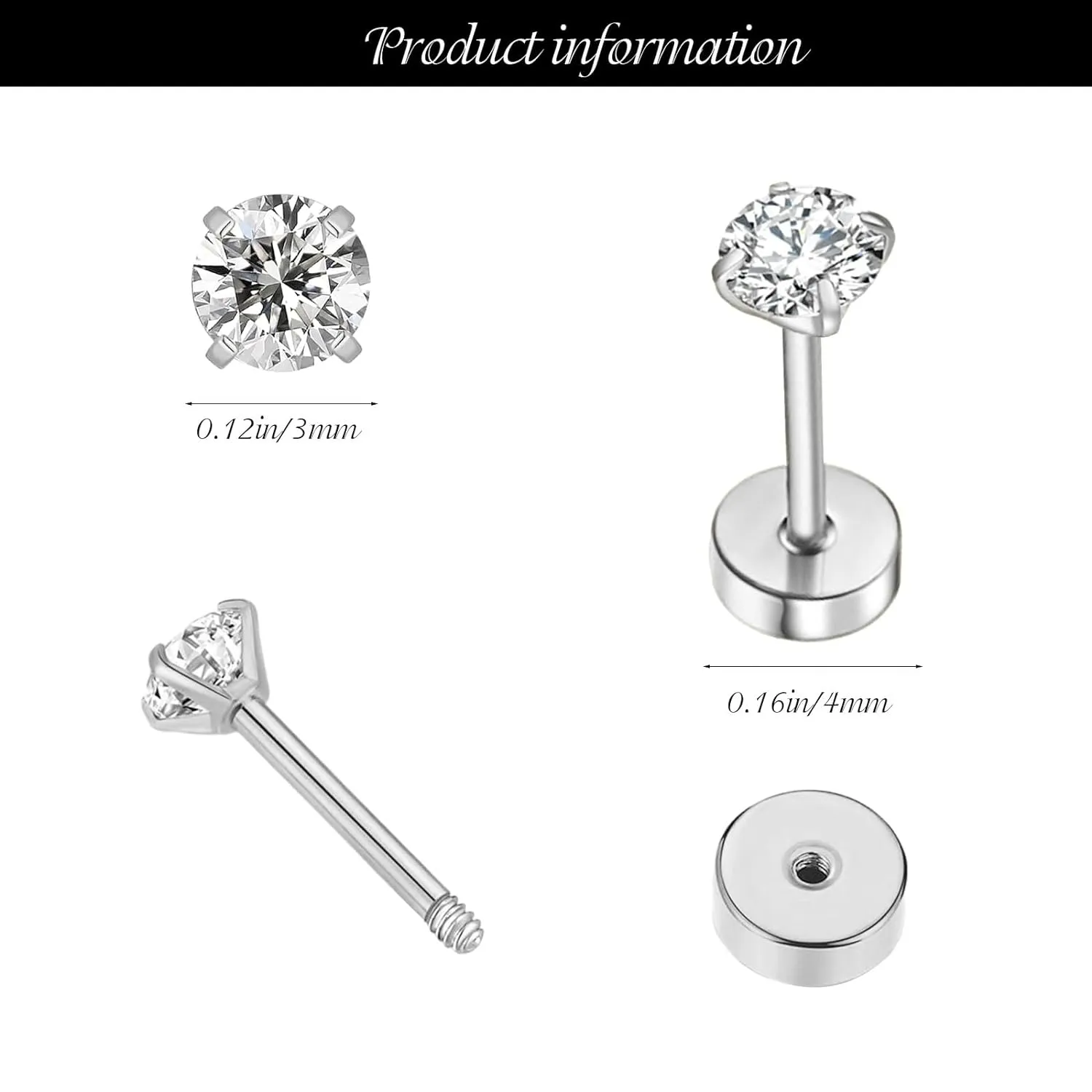 3mm Tiny CZ Flat Screw Back Stud Earrings, Small Blue Cubic Zirconia Earrings Cartilage Earrings, Hypoallergenic Stainless Steel Helix Flatback Piercing Jewelry Gifts for Women Girls