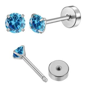 3mm Tiny CZ Flat Screw Back Stud Earrings, Small Blue Cubic Zirconia Earrings Cartilage Earrings, Hypoallergenic Stainless Steel Helix Flatback Piercing Jewelry Gifts for Women Girls