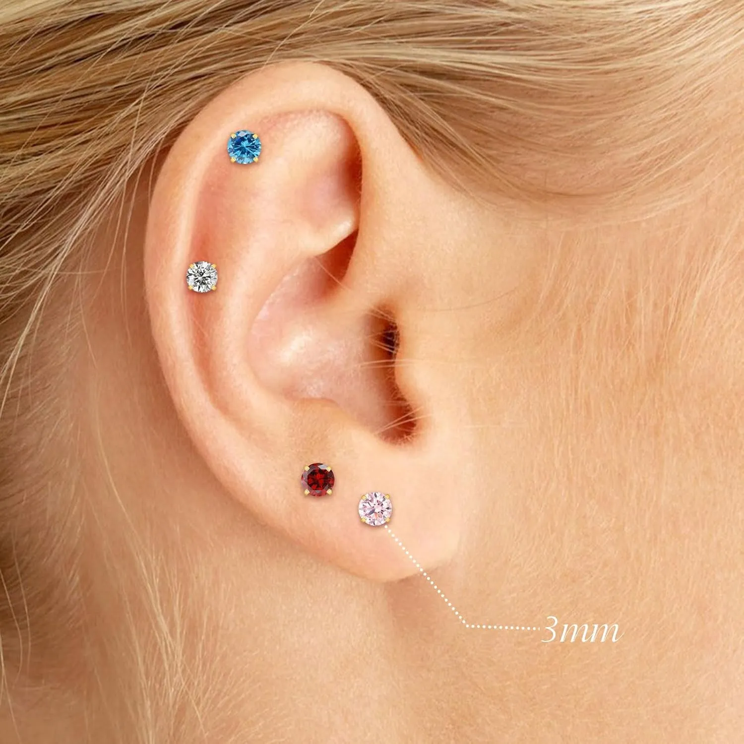 3mm Tiny CZ Flat Screw Back Stud Earrings, Small Blue Cubic Zirconia Earrings Cartilage Earrings, Hypoallergenic Stainless Steel Helix Flatback Piercing Jewelry Gifts for Women Girls