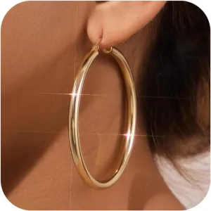 4 MM Thick Chunky Gold Hoop Earrings for Women Trendy, 14K Real Gold Plated Small Large Big Hoops, Hypoallergenic Lightweight Hollow Tube Hoop Jewelry 20/30/40/50/60 MM